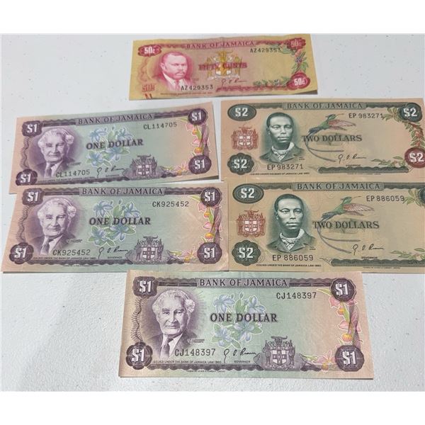 6 Bank of Jamaica Notes: 50 Cents, $1, $2 (Bustamante, Garvey, Bogle)