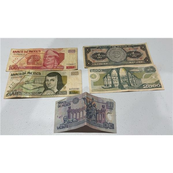 5 Mexican Banknotes, Various Denominations and Designs