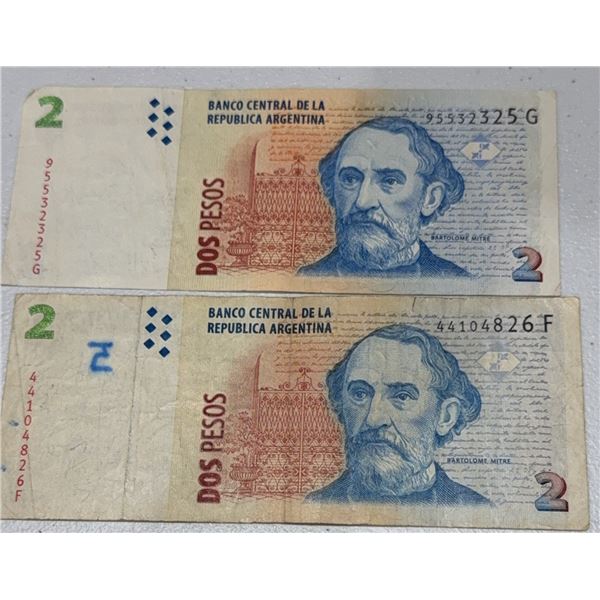 Argentine 2 Pesos Banknotes, Sarmiento, Blue/Red