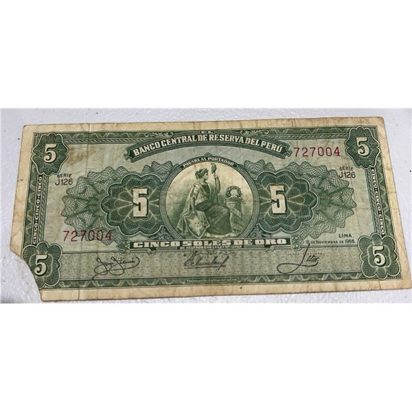 Peru 5 Soles de Oro Banknote, Lima 1966, Series J126