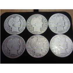 6 Barber Half Dollars, 1894-S, 96, 98-S, 99-S, 10S