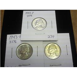 3-1943 Jefferson 35% Silver War Nickels (UNC)