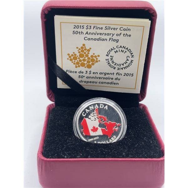 2015 RCM $3 Pure Silver Coin, Canadian Flag 50th Anniversary