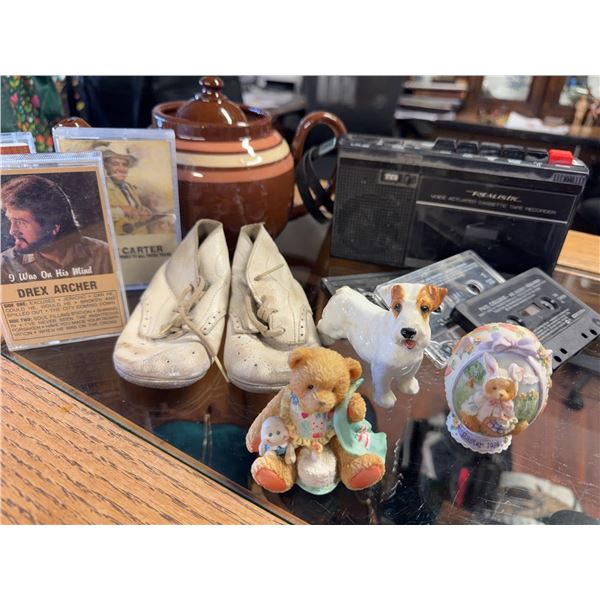 Lot: Cassette Player, Tapes, Ceramics, Baby Shoes
