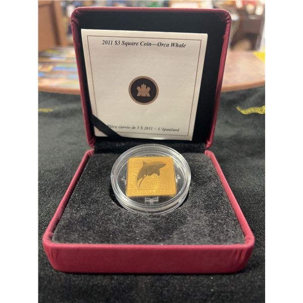 2011 $3 Gold-Plated Square Coin—Orca Whale Canada