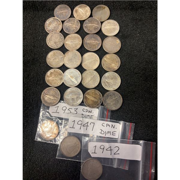26 Canadian Silver 10 Cent Coins 1942–1967, 60.50g
