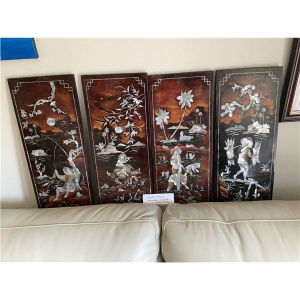 4 Oriental Plaques Porcelain Inlaid with Mother of Pearl