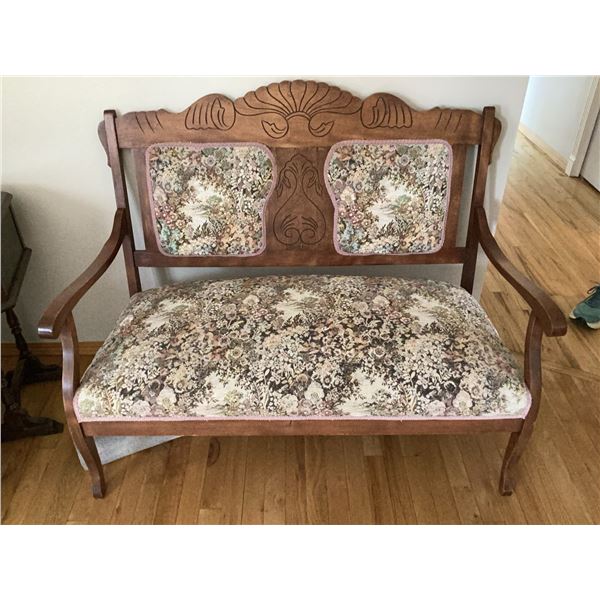 Wooden Settee With Floral Upholstery, Measures 47" W x 39" H x 23" D