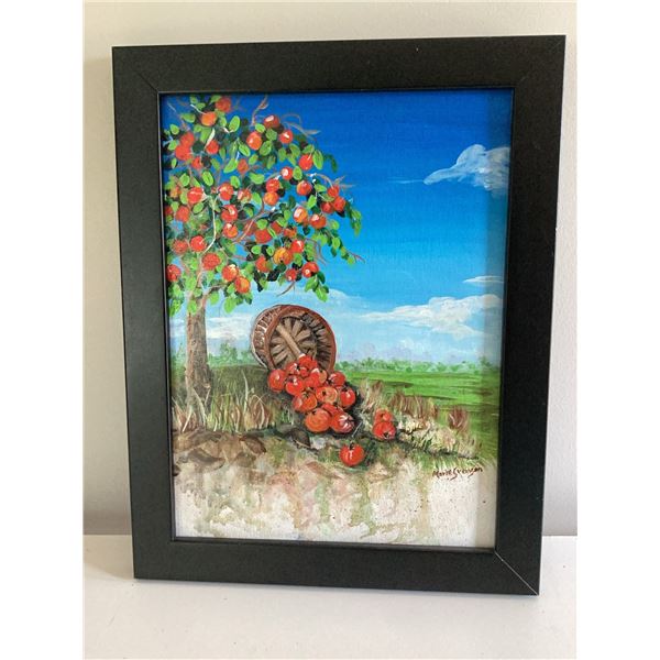 Framed acrylic painting depicting an apple tree with red apples and a basket tipped over on the grou