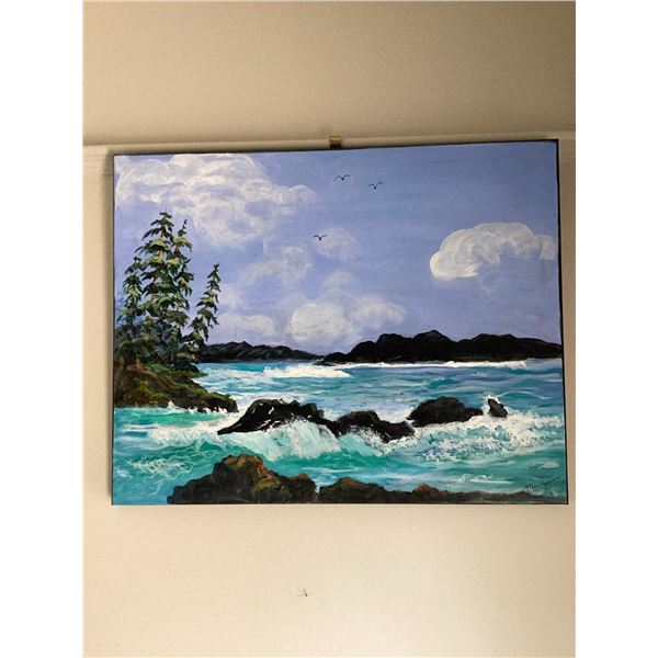 Acrylic painting titled "Pacific Shores" original painting by Marie Sveinson.  The artwork depicts a
