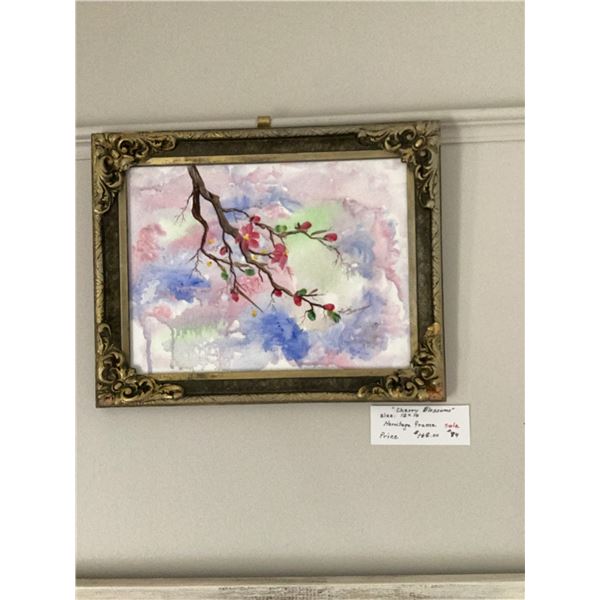 Watercolour painting titled "Cherry Blossoms" featuring a branch with blooms against a pastel backgr