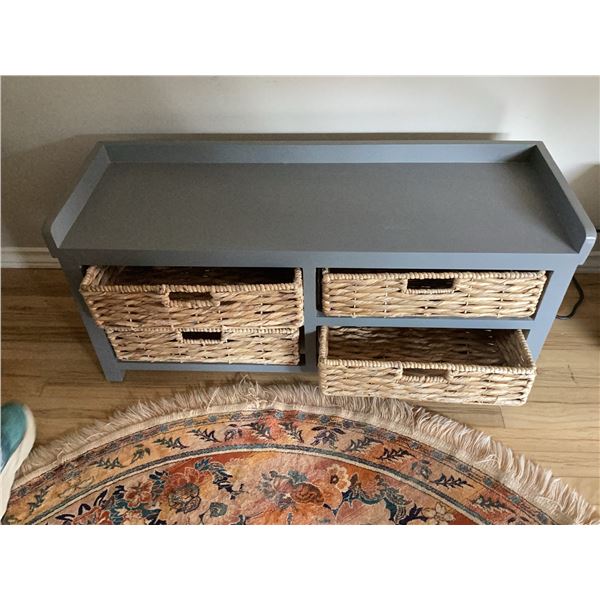 Grey Wooden Bench with Four Wicker Baskets and Tray Top