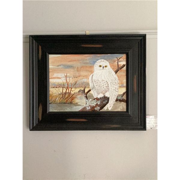  original painting by Marie Sveinson.featuring a snowy owl perched on a branch with a landscape back