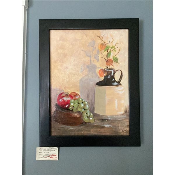 Framed Still Life Painting with Fruit and Jugs Signed