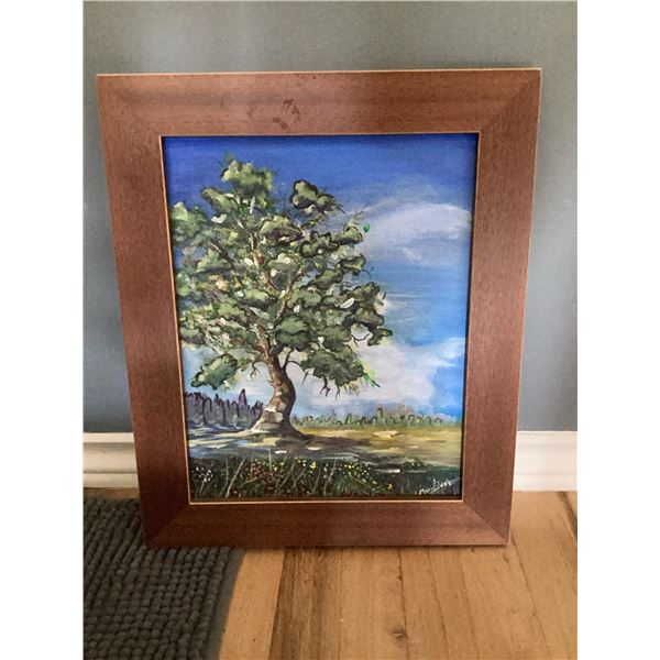 Framed Tree Landscape Painting Signed by Artist, 14x17 Inches