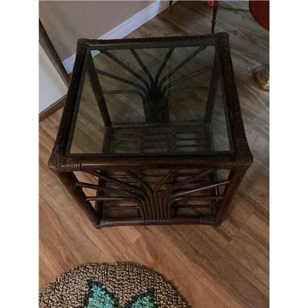 Rattan and Glass Square Side Table, 21" x 21" x 22"