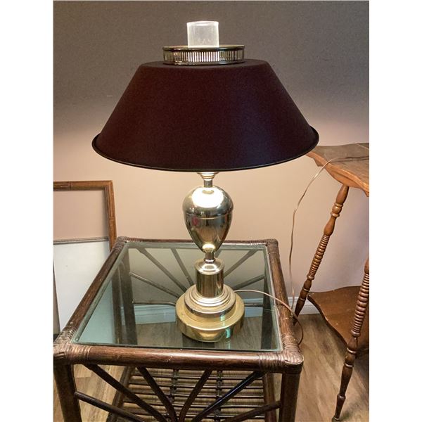 Brass Table Lamp with Maroon Shade and Glass Finial, 27 Inches Tall