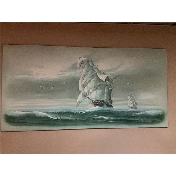 Large Canvas Painting of Sailing Ships on Ocean