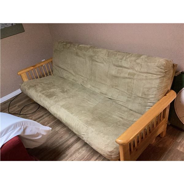 Wood Frame Futon Sofa with Tan Cushion and Mattress