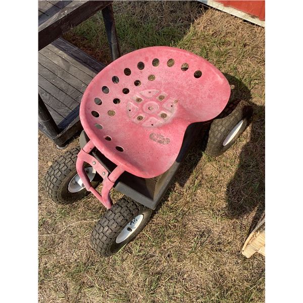 Garden Row Wheeler with Metal Tractor Seat and Four Pneumatic Tires