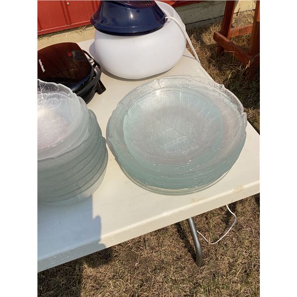 Clear Glass Plates, Knives, Serving Tray, and Hamilton Beach Grill