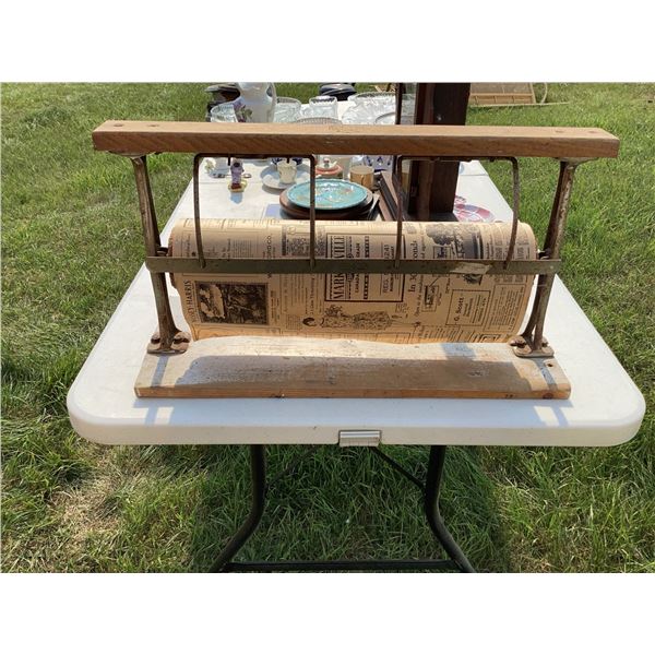 Antique Wooden Newspaper Dispenser With Cast Iron Frame 27"