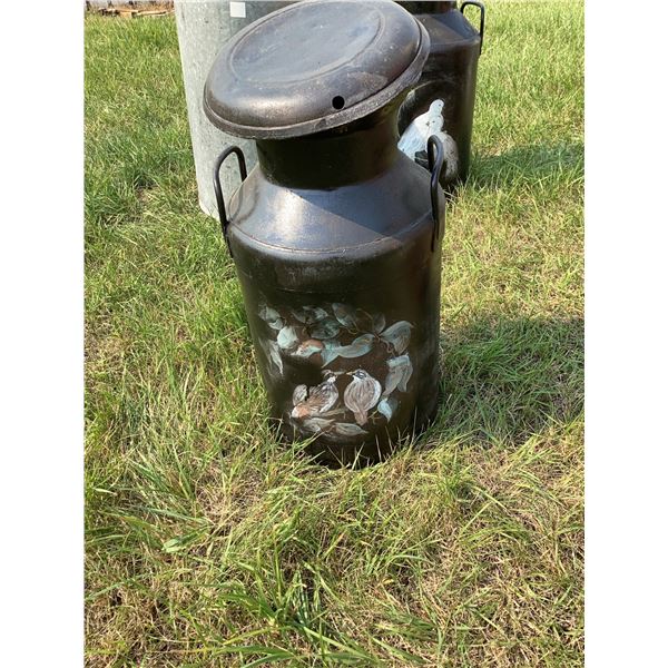 Black Painted Metal Milk Can With Floral Design