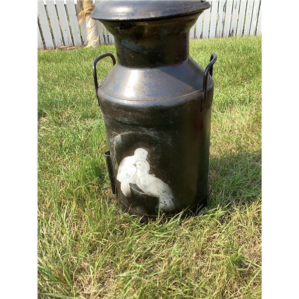Black Metal Milk Can with Dove Artwork and Galvanized Water Container