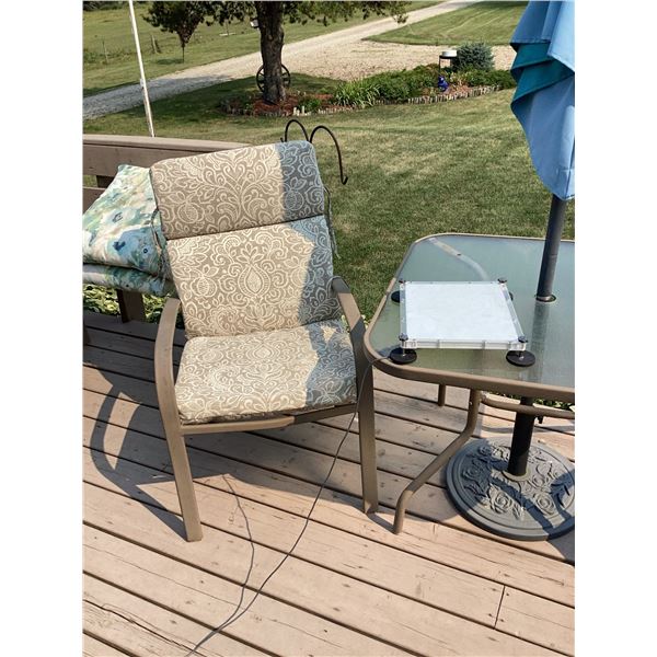 Four Outdoor Patio Chairs with Cushions and Glass Patio Table with Umbrella