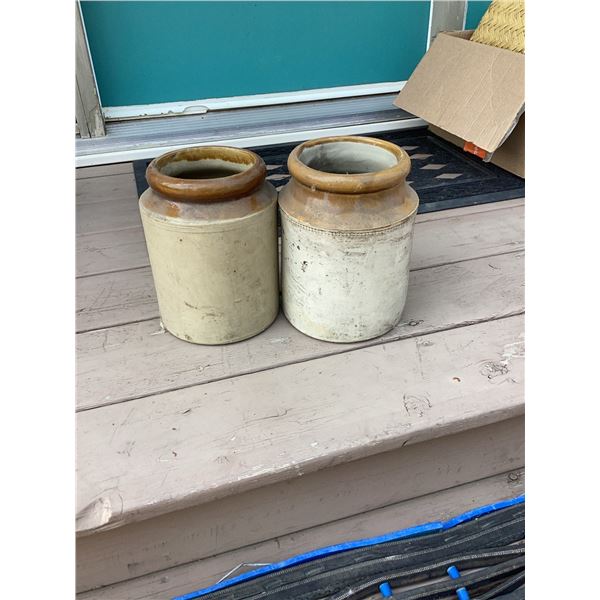 Stoneware Crocks with Brown Glazed Rims