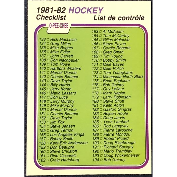 1981-82 O-PEE-CHEE CHECKLIST