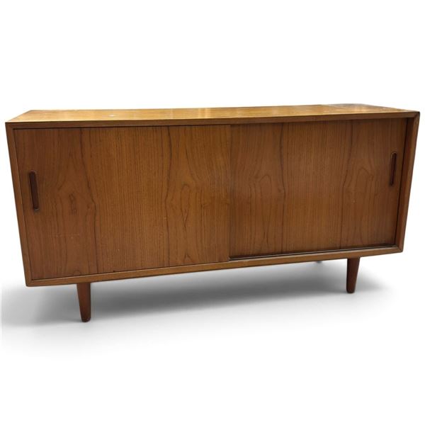 Mid-Century Modern Teak Cabinet with Sliding Door, Drawer and Open Shelving, 54.5x17x28.25 in