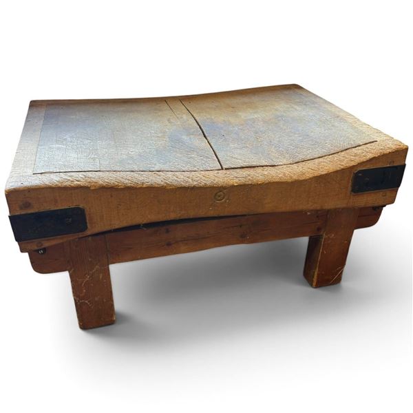 Antique Wood Chopping Block with Iron Corner Brackets, Coffee Table or Bench, 36x14x17.5 in