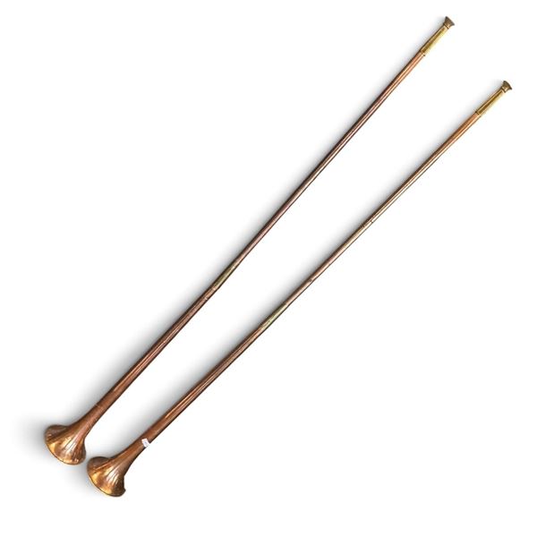 Pair of Antique Copper & Brass Swiss Alpine Horns 48.5" Long