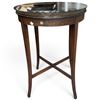 Image 1 : Vintage Round Wood Accent Table with Glass Top, Metal Gallery and Painted Apron, 28x20.25 Inches