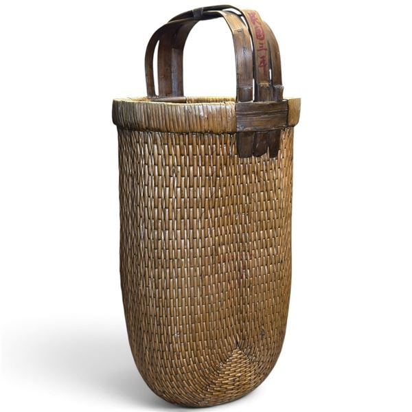 Antique Chinese Willow & Wood Rice or Fishing Basket with Bentwood Handle, Dated 1914, 41.5 in