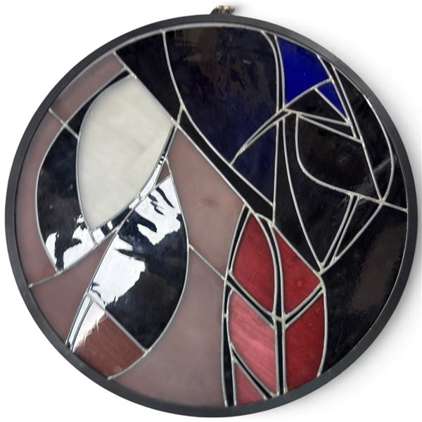 Large Round Abstract Stained Glass Panel with Geometric Red, Blue, Black & White Design, 42" Dia