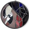 Image 1 : Large Round Abstract Stained Glass Panel with Geometric Red, Blue, Black & White Design, 42" Dia