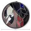 Image 2 : Large Round Abstract Stained Glass Panel with Geometric Red, Blue, Black & White Design, 42" Dia