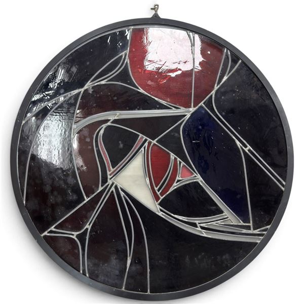 Large Round Abstract Stained Glass Panel with Geometric Red, Blue, Black & White Design, 42" Dia