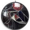Image 1 : Large Round Abstract Stained Glass Panel with Geometric Red, Blue, Black & White Design, 42" Dia