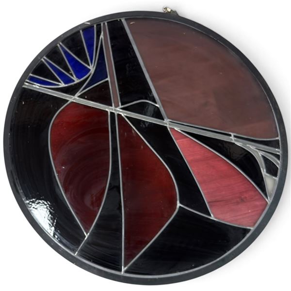Large Round Abstract Stained Glass Panel with Geometric Red, Blue, Black & White Design, 42" Dia