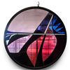 Image 4 : Large Round Abstract Stained Glass Panel with Geometric Red, Blue, Black & White Design, 42" Dia