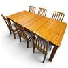Image 3 : Oak Dining Table & Six Chairs w Slatted Backs & Blue Upholstered Seats 2x Leaves 42x83x29.5"