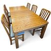 Image 6 : Oak Dining Table & Six Chairs w Slatted Backs & Blue Upholstered Seats 2x Leaves 42x83x29.5"