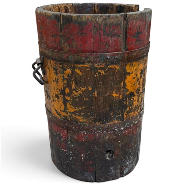 Antique Wooden Barrel w Multicolored Paint & Iron Handle 20" Tall