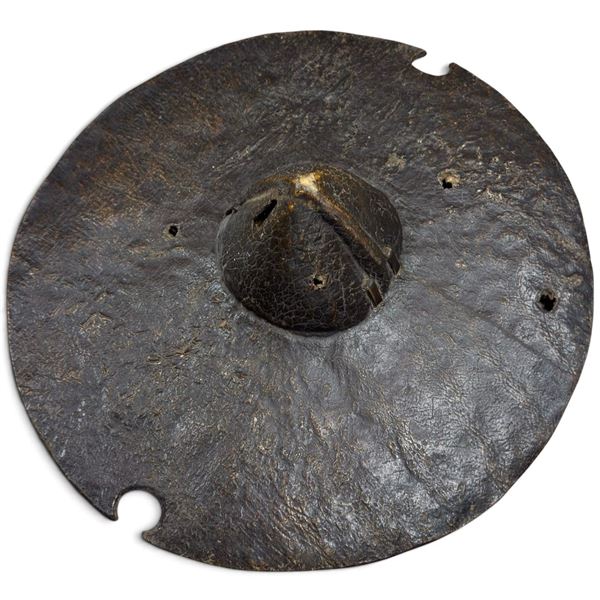 Antique Tribal Hide Shield with Wood Grip & Lash Bindings, Round Form, 20.5-Inch Diameter