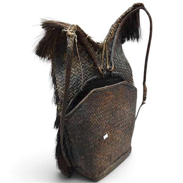 Tribal Woven Backpack with Plant-Fiber Fringe & Hide Front Pocket, Indigenous Style, 23x14 Inches