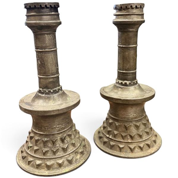 Pair Ottoman-Style Spelter Mortar Candlesticks with Studded Bases & Ridged Stems, 11.5 Inches