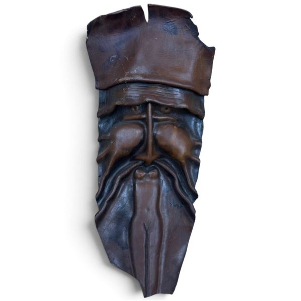 Hand-Carved Leather Sculpture with Man's Face & Woman's Figure in Beard, Folk Art, 12 Inches
